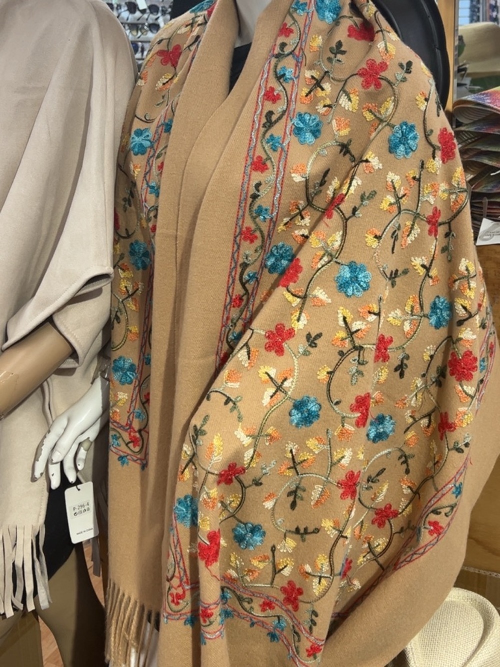 Caramel Cashmere Wool Scarf Embroidered Floral
Fringe Pashmina Shawl